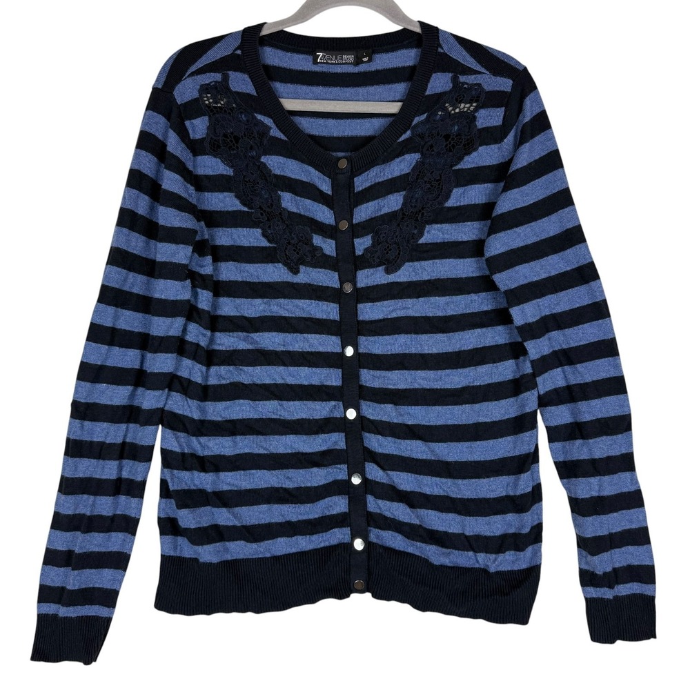 7th Avenue Design Studio Cardigan Sweater Womens Large Blue Black Striped Lace